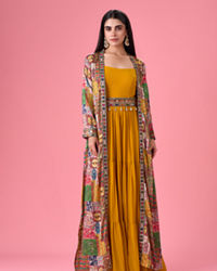 Mohey Women Mustard Yellow Georgette Gown with Jacket Indo Western