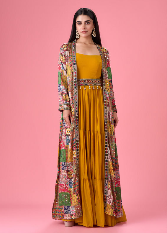Mohey Women Mustard Yellow Georgette Gown with Jacket Indo Western