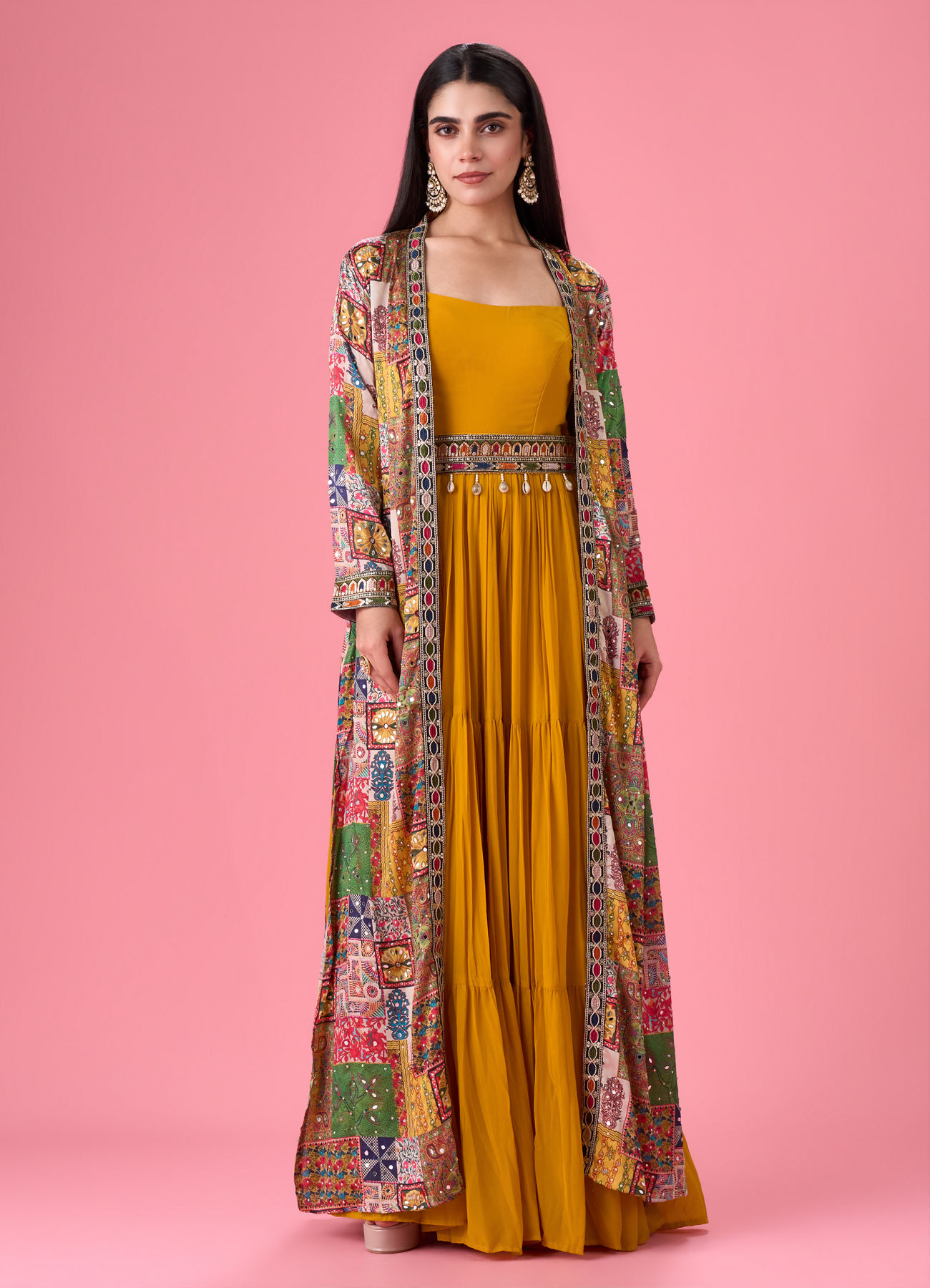 Mohey Women Mustard Yellow Georgette Gown with Jacket Indo Western