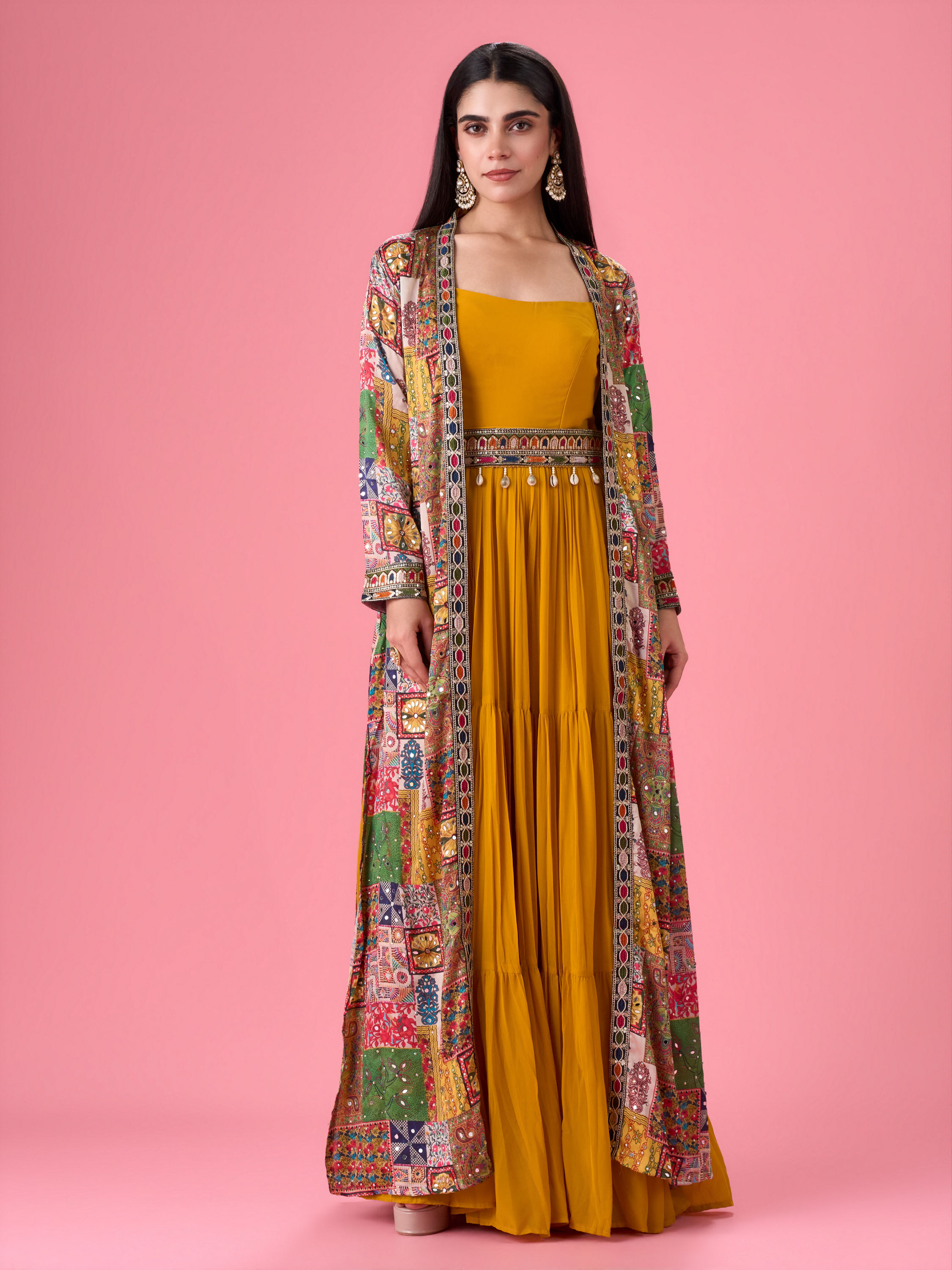 Mohey Women Mustard Yellow Georgette Gown with Jacket Indo Western
