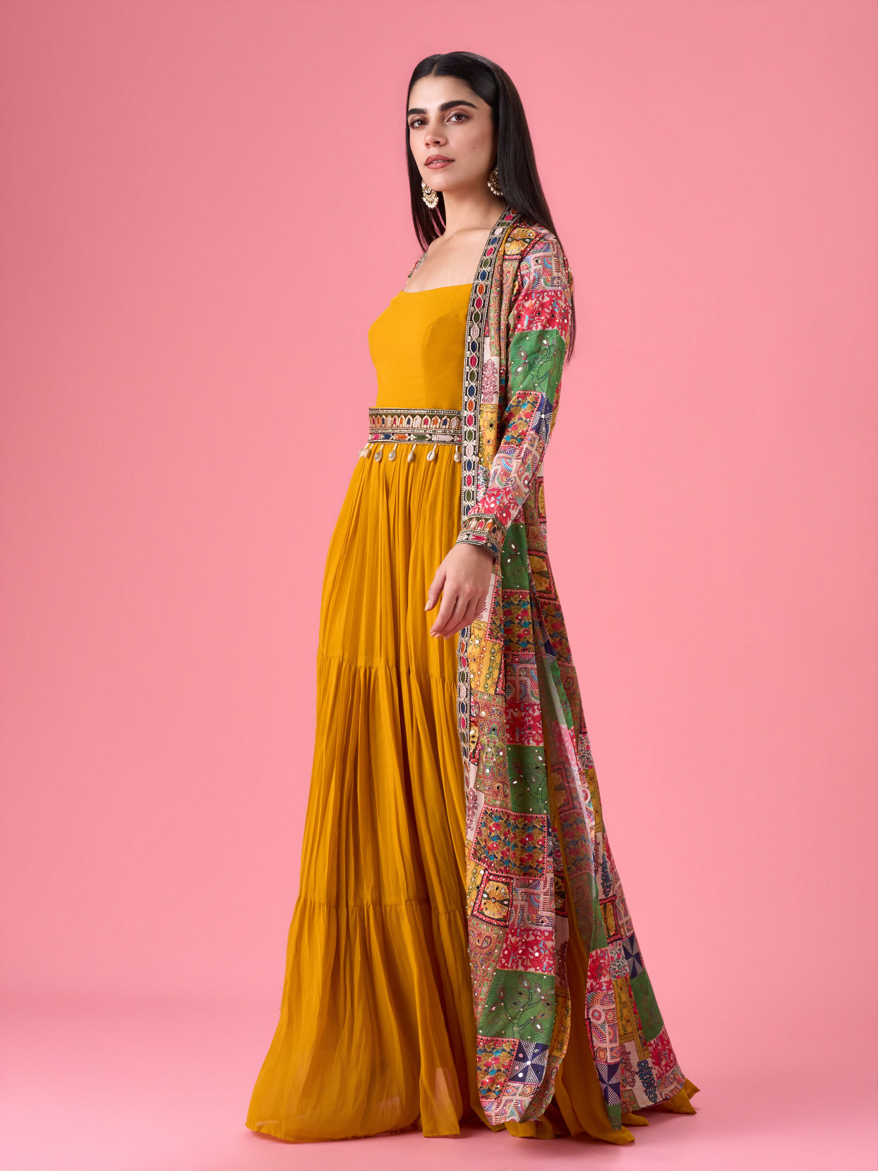 Mohey Women Mustard Yellow Georgette Gown with Jacket Indo Western