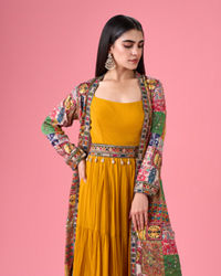 Mohey Women Mustard Yellow Georgette Gown with Jacket Indo Western