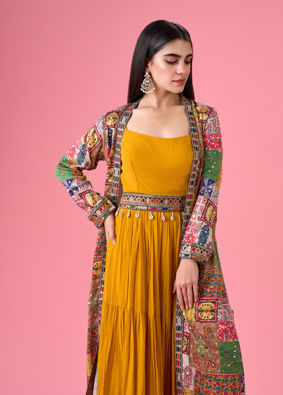 Mohey Women Mustard Yellow Georgette Gown with Jacket Indo Western