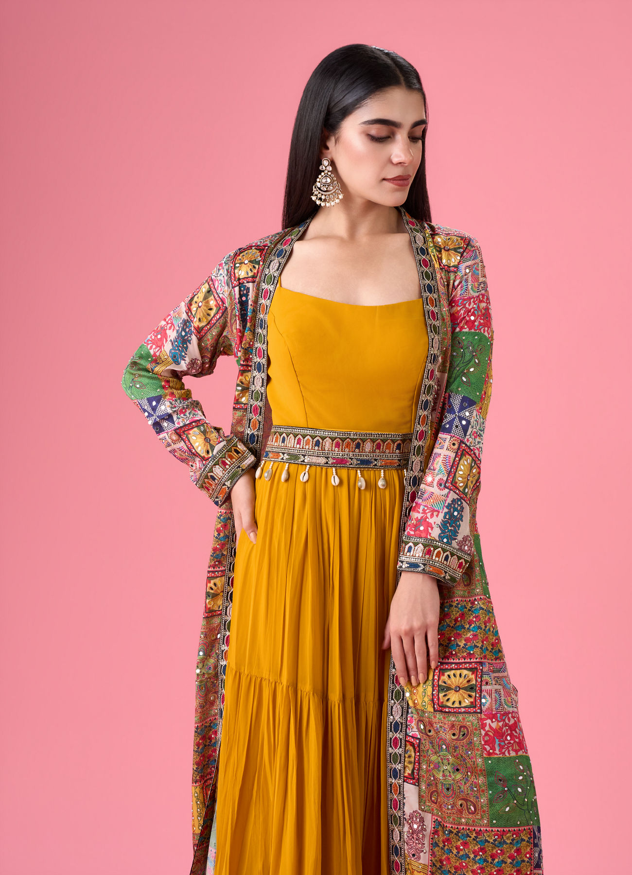 Mohey Women Mustard Yellow Georgette Gown with Jacket Indo Western