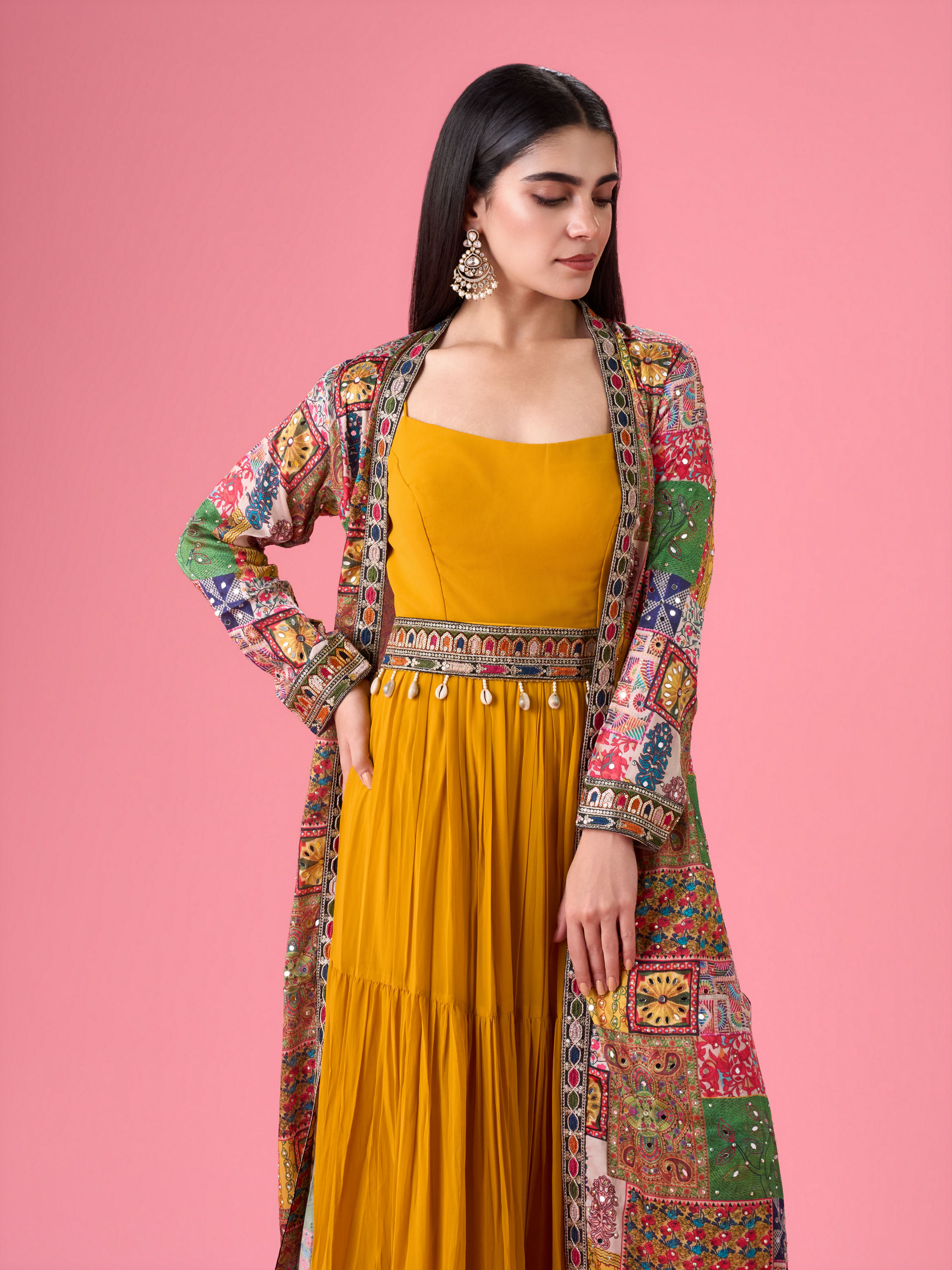 Mohey Women Mustard Yellow Georgette Gown with Jacket Indo Western