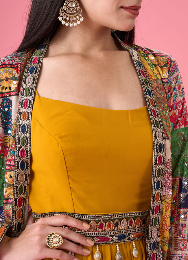 Mohey Women Mustard Yellow Georgette Gown with Jacket Indo Western