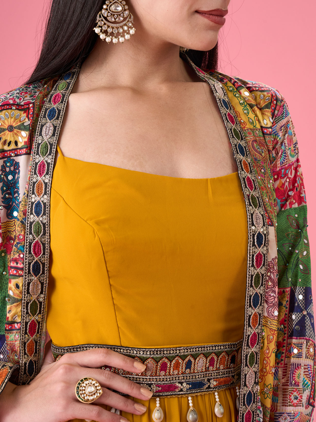 Mohey Women Mustard Yellow Georgette Gown with Jacket Indo Western