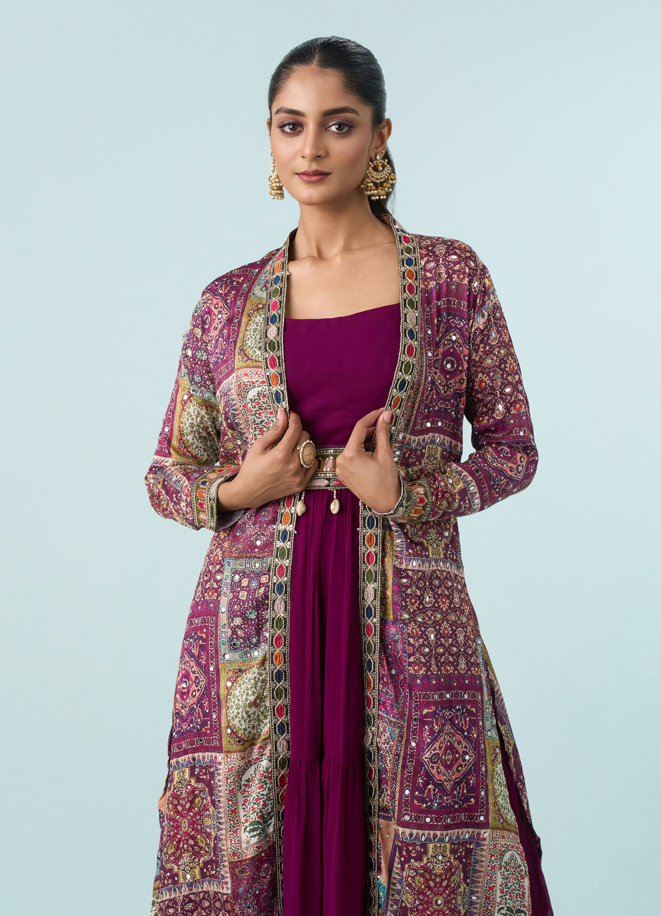 Mohey Women Enthralling Wine Georgette Indo Western