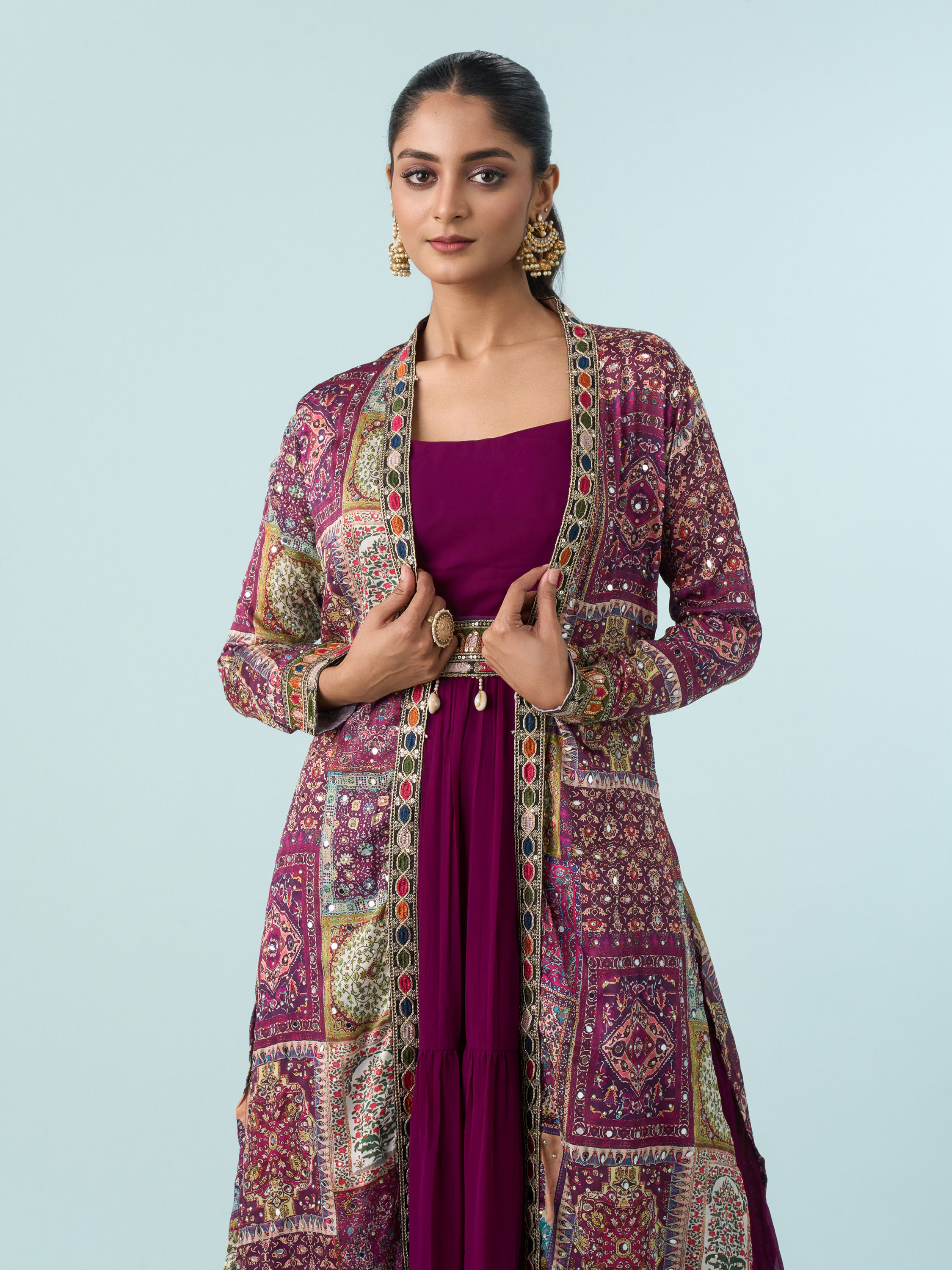 Mohey Women Enthralling Wine Georgette Indo Western