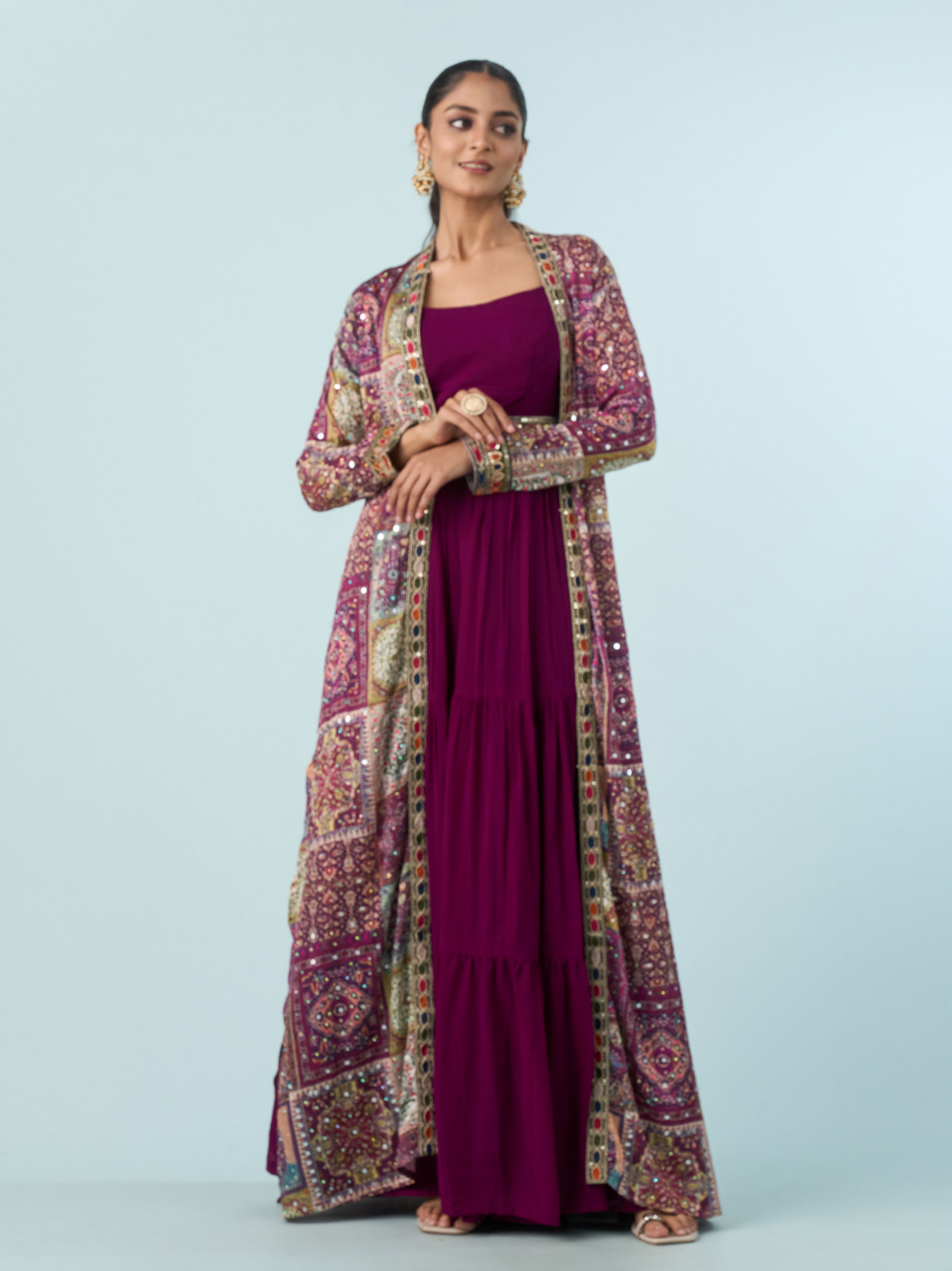Mohey Women Enthralling Wine Georgette Indo Western