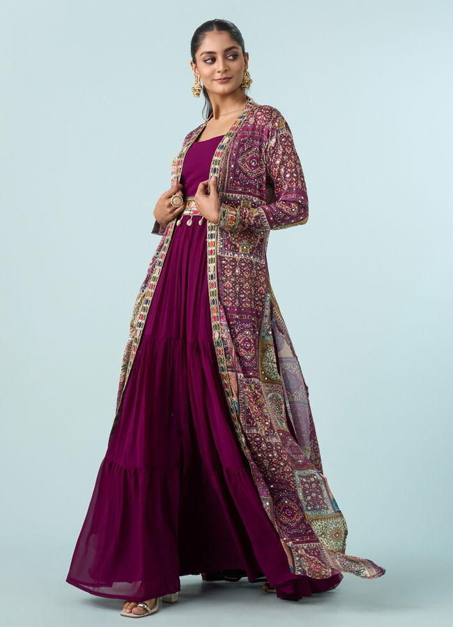 Mohey Women Enthralling Wine Georgette Indo Western