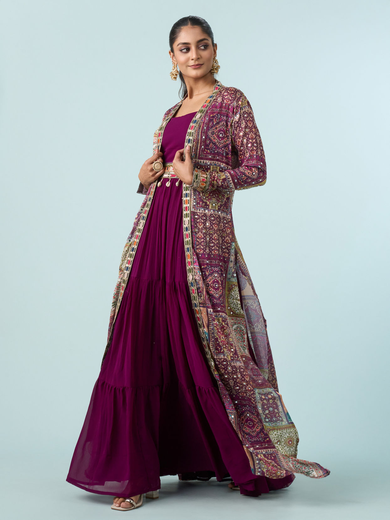 Mohey Women Enthralling Wine Georgette Indo Western