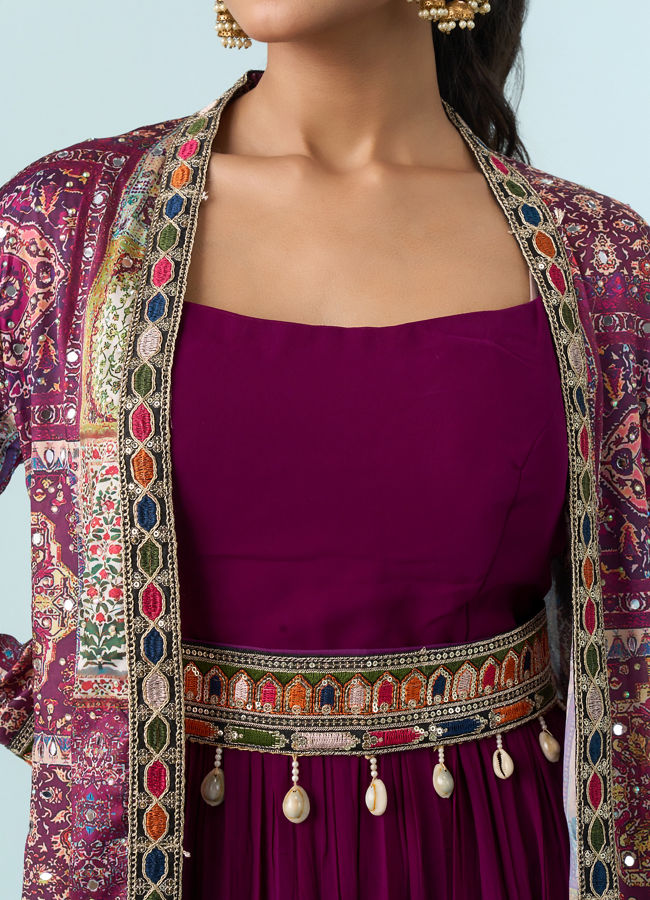 Mohey Women Enthralling Wine Georgette Indo Western