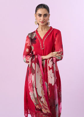 Mohey Women Red Organza Straight Suits
