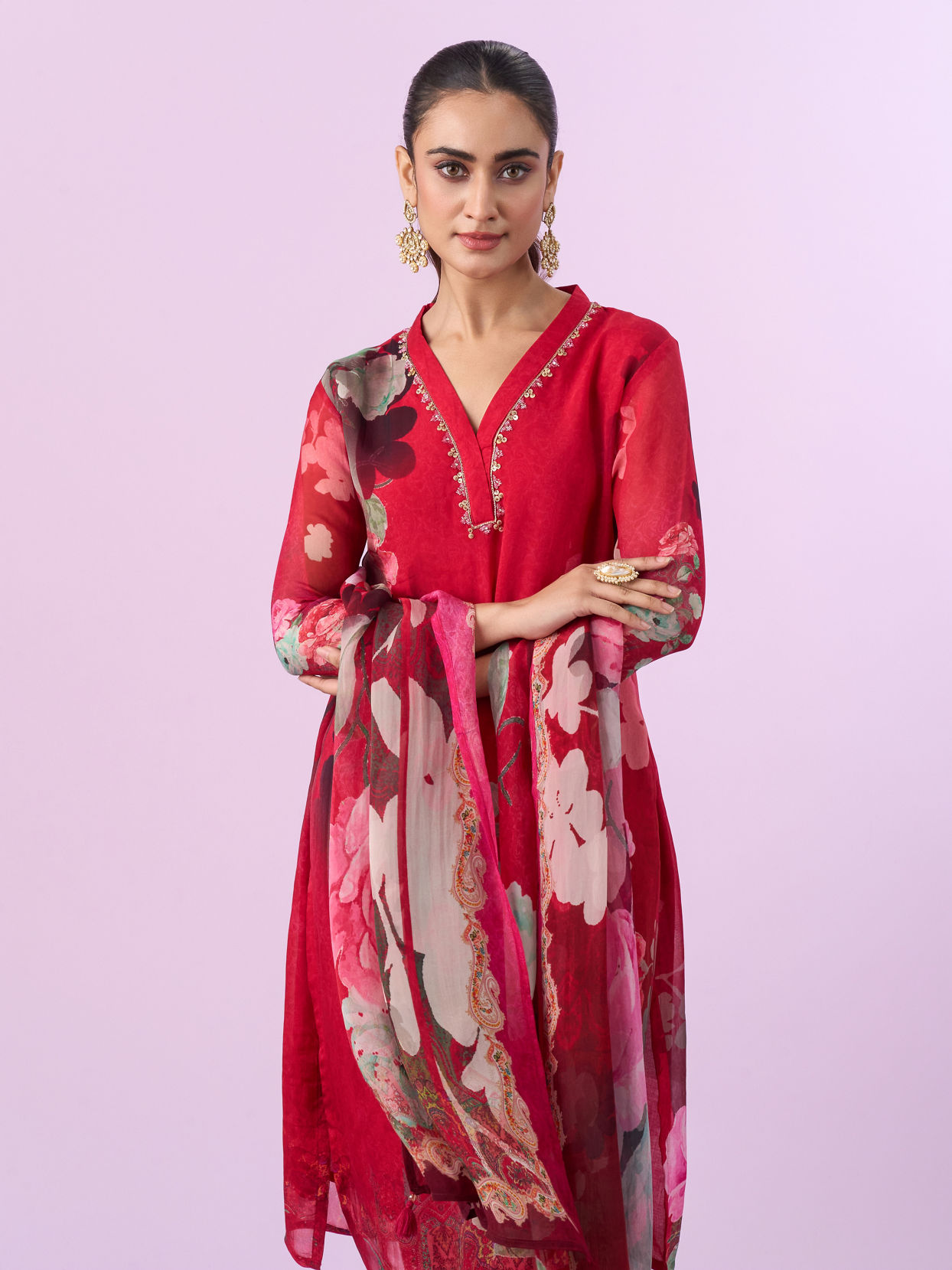 Mohey Women Red Organza Straight Suits
