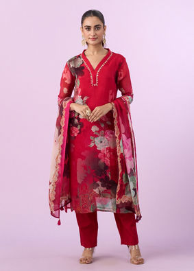 Mohey Women Red Organza Straight Suits
