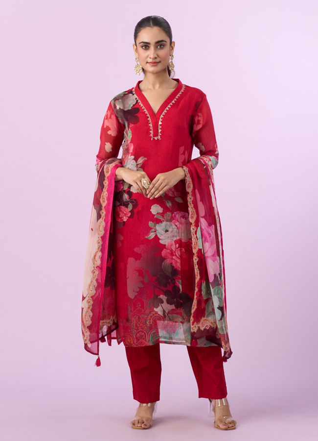 Mohey Women Red Organza Straight Suits