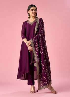 Mohey Women Wine Art Silk Anarkali Suit with Embroidery