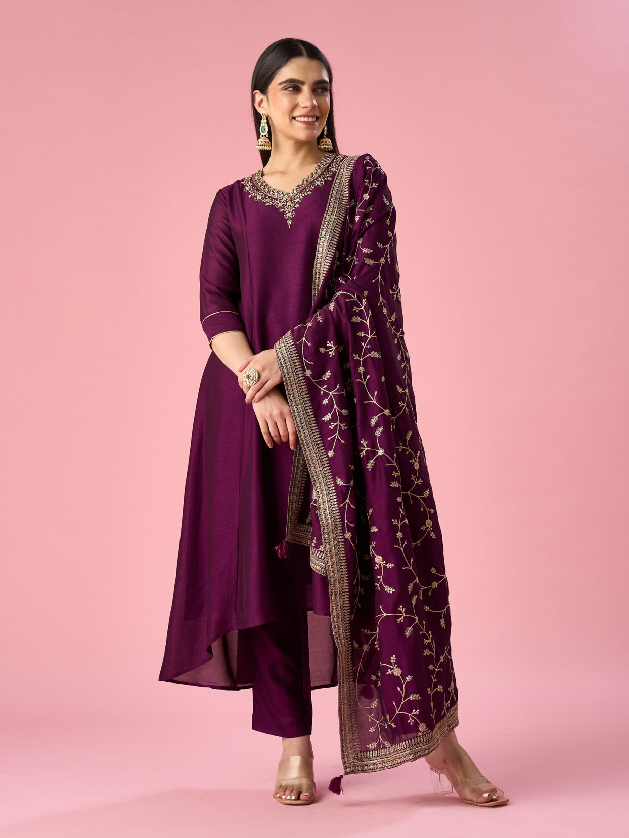 Mohey Women Wine Art Silk Anarkali Suit with Embroidery