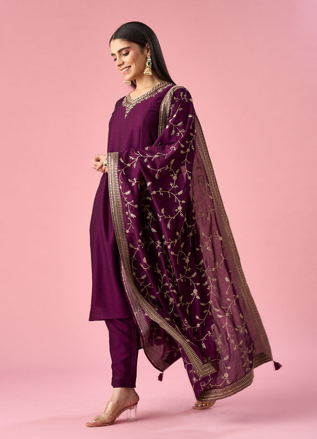 Mohey Women Wine Art Silk Anarkali Suit with Embroidery