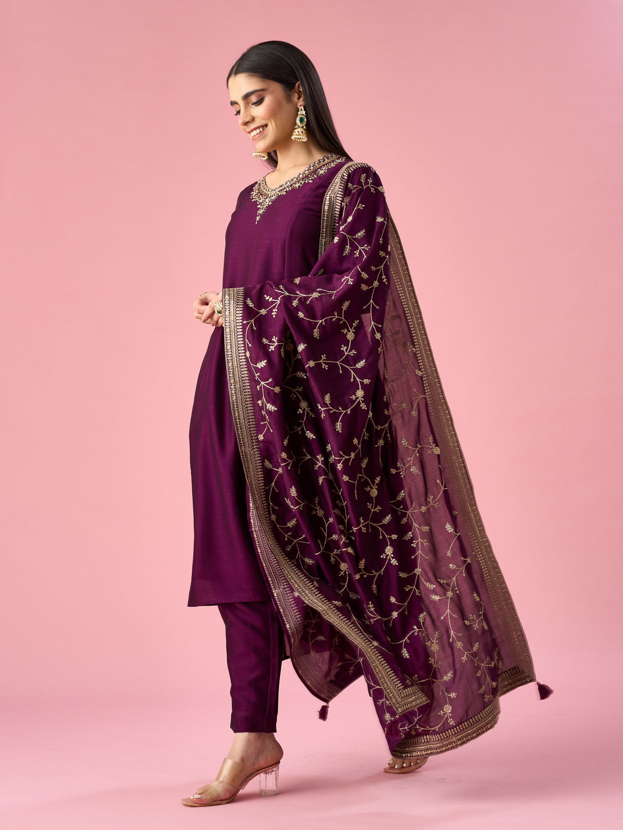 Mohey Women Wine Art Silk Anarkali Suit with Embroidery