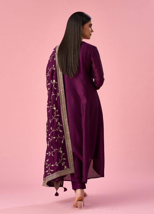 Mohey Women Wine Art Silk Anarkali Suit with Embroidery