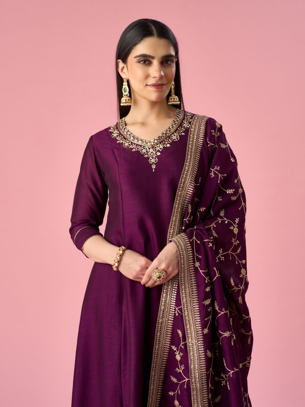 Mohey Women Wine Art Silk Anarkali Suit with Embroidery