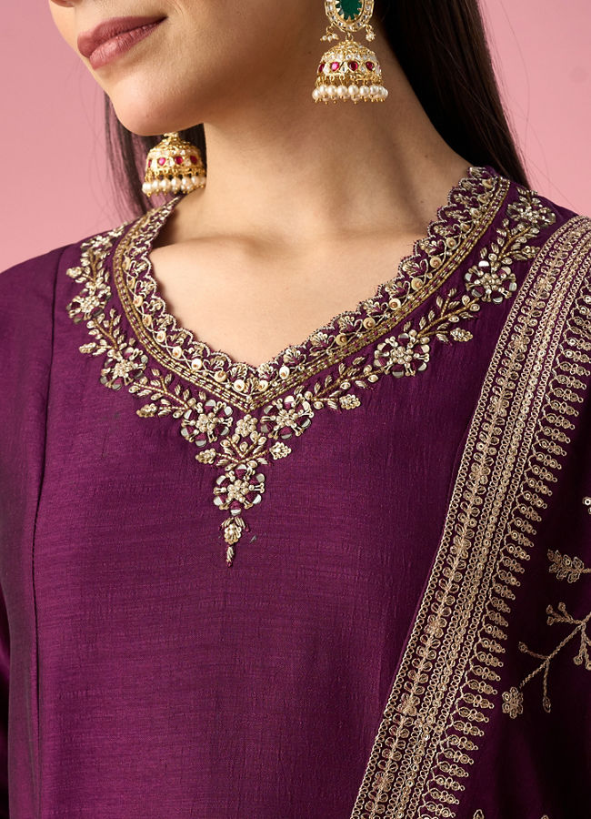 Mohey Women Wine Art Silk Anarkali Suit with Embroidery