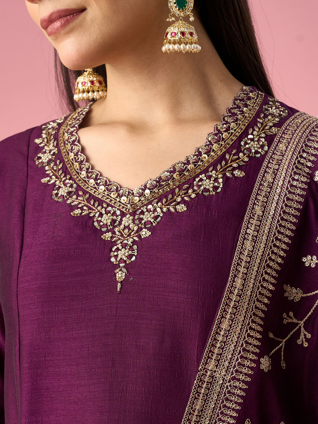 Mohey Women Wine Art Silk Anarkali Suit with Embroidery