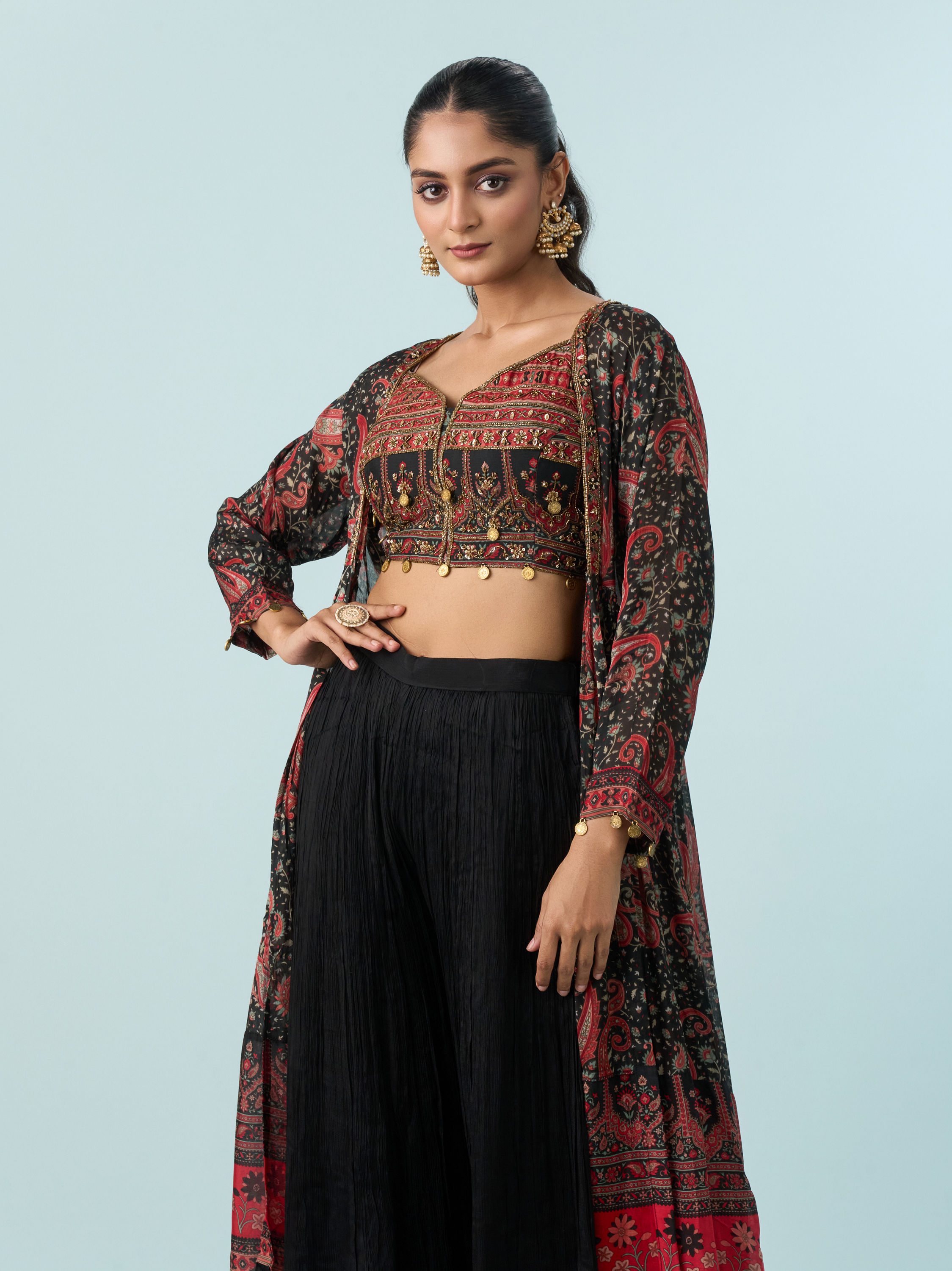 Mohey Women Chic Black Tri Tone Ensemble Indo Western