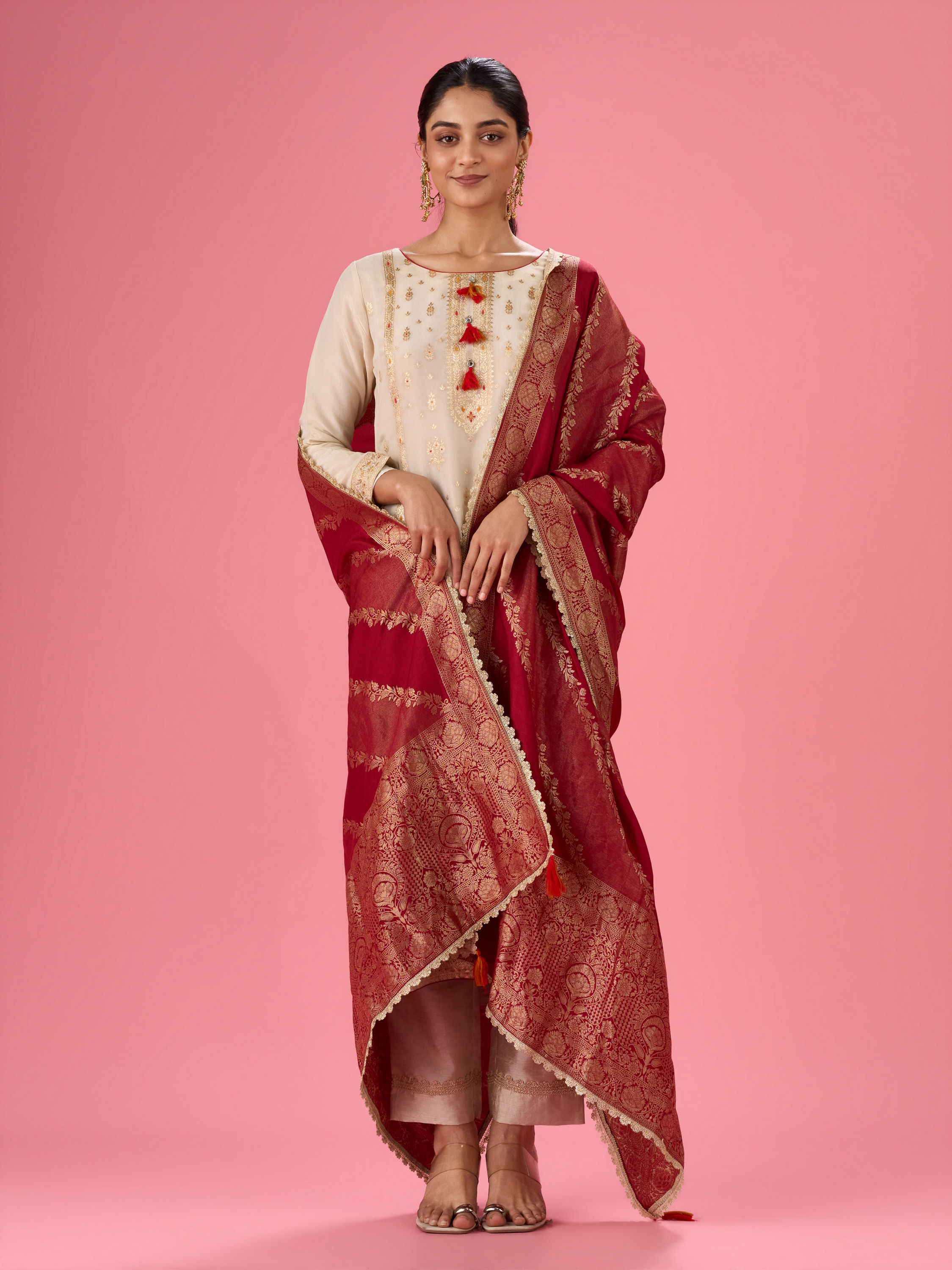 Mohey Women Elegant Cream Traditional Straight Suit