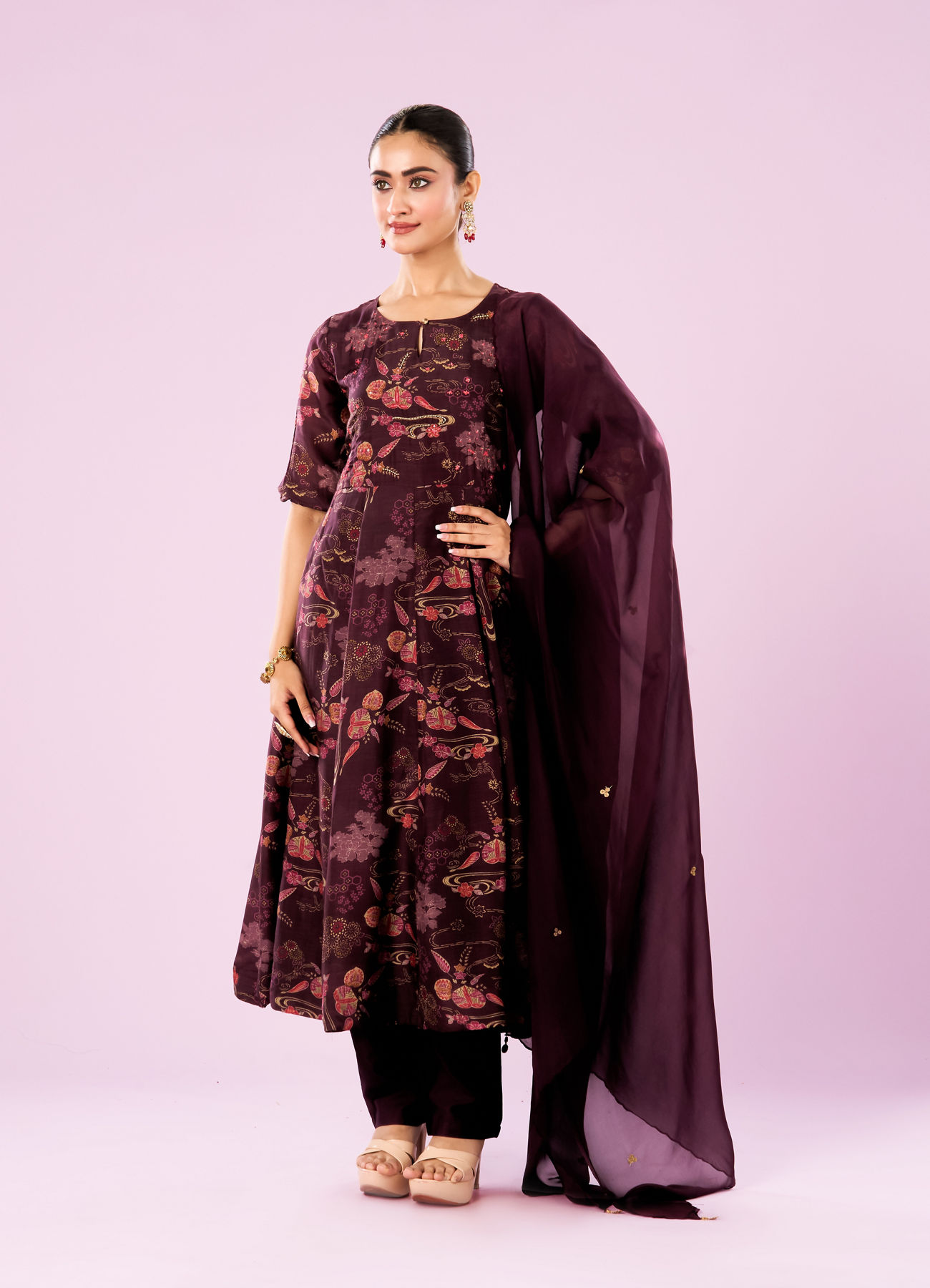 Mohey Women Wine Colored Elegance Anarkali Suit