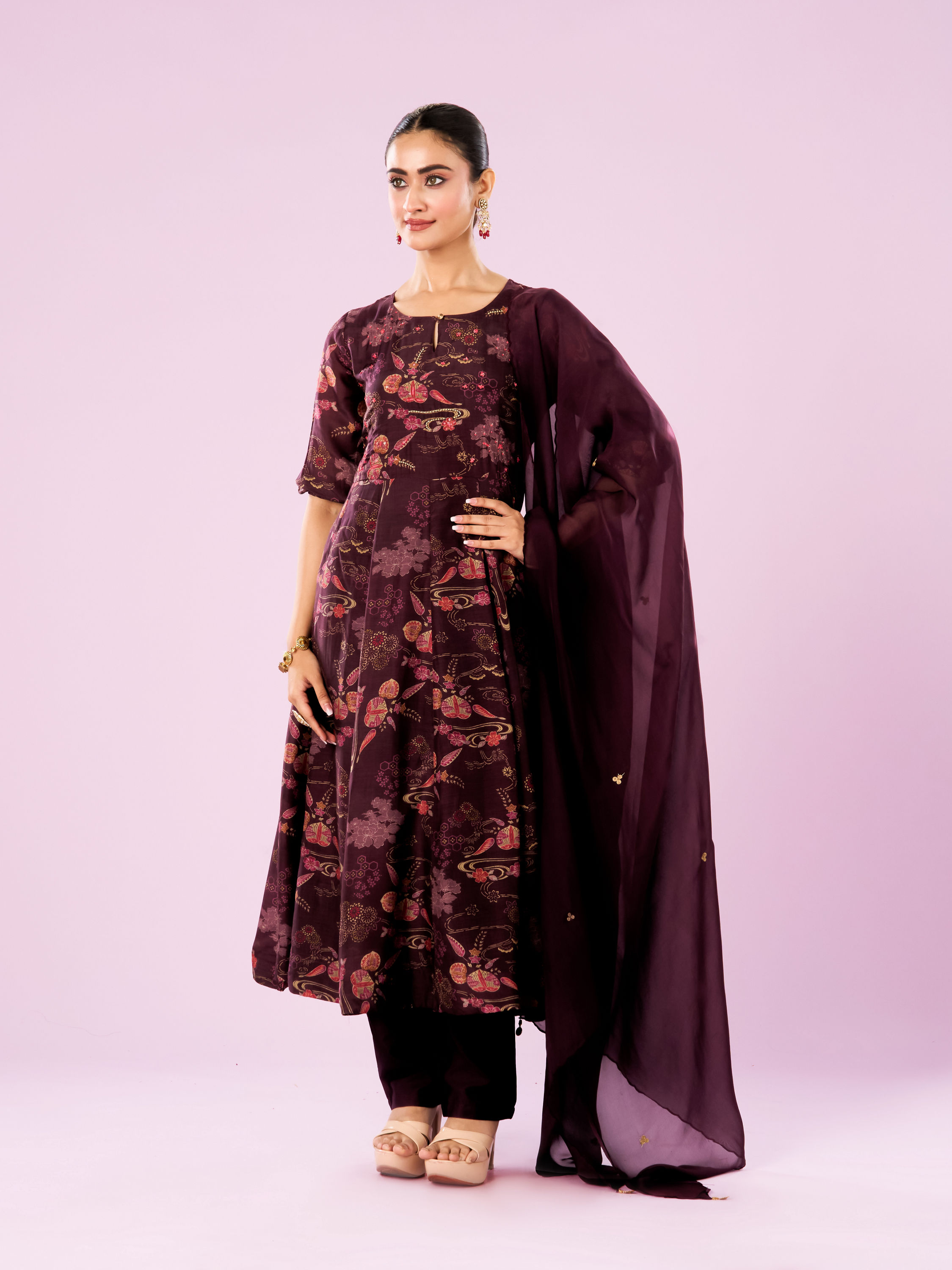 Mohey Women Wine Colored Elegance Anarkali Suit