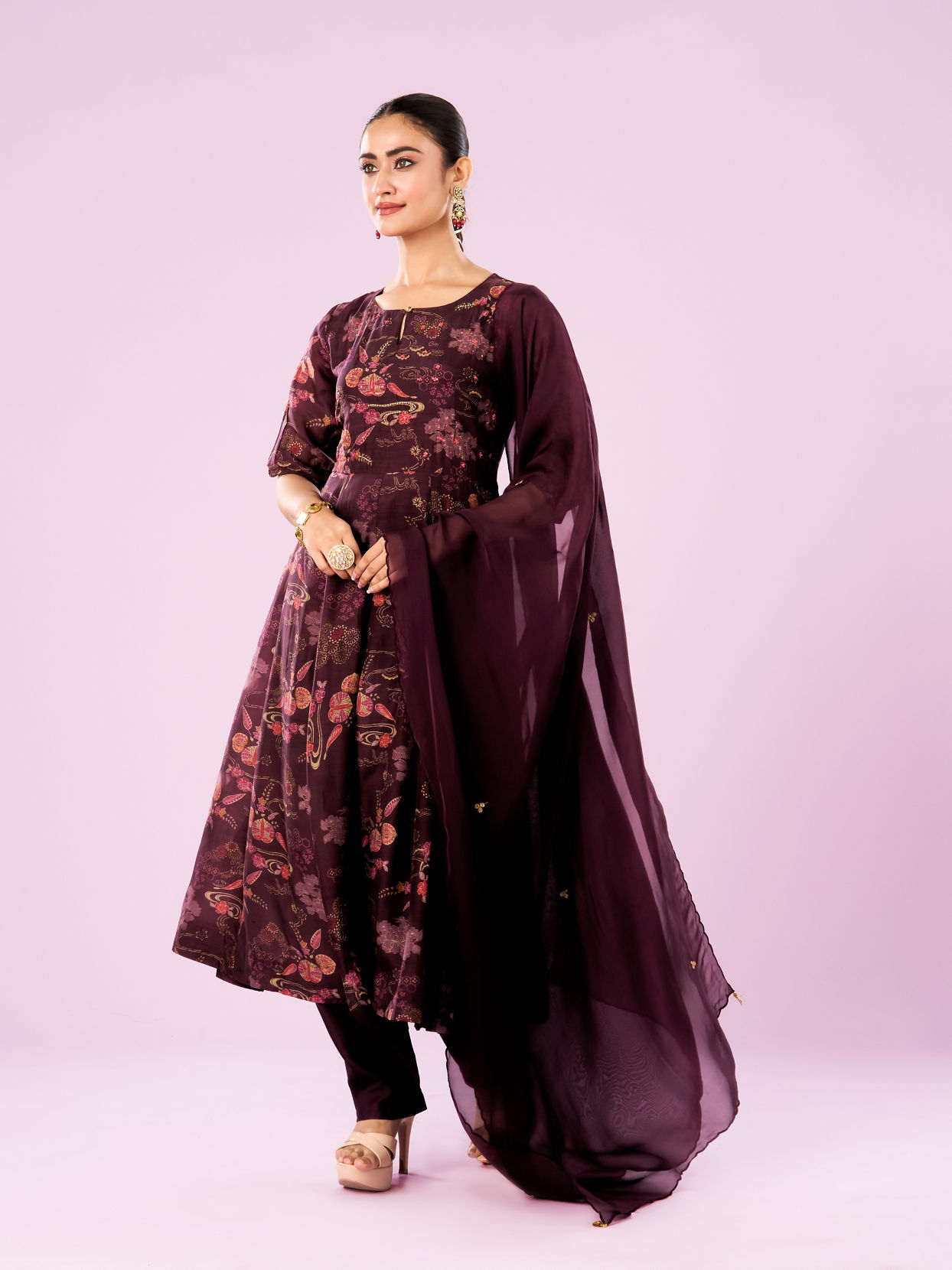 Mohey Women Wine Colored Elegance Anarkali Suit