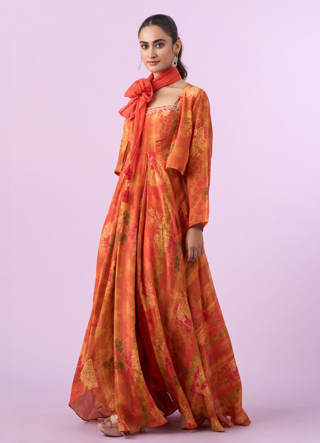 Mohey Women Orange Chinon Gown Jacket Dupatta Indo Western