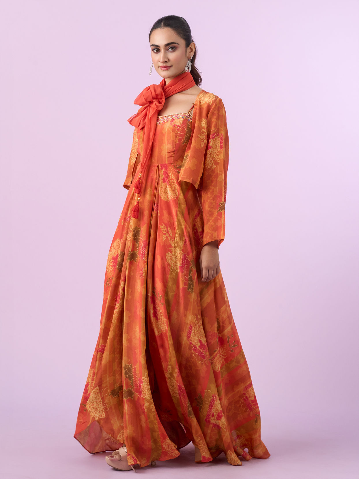 Mohey Women Orange Chinon Gown Jacket Dupatta Indo Western