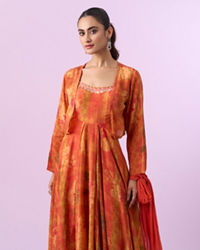 Mohey Women Orange Chinon Gown Jacket Dupatta Indo Western