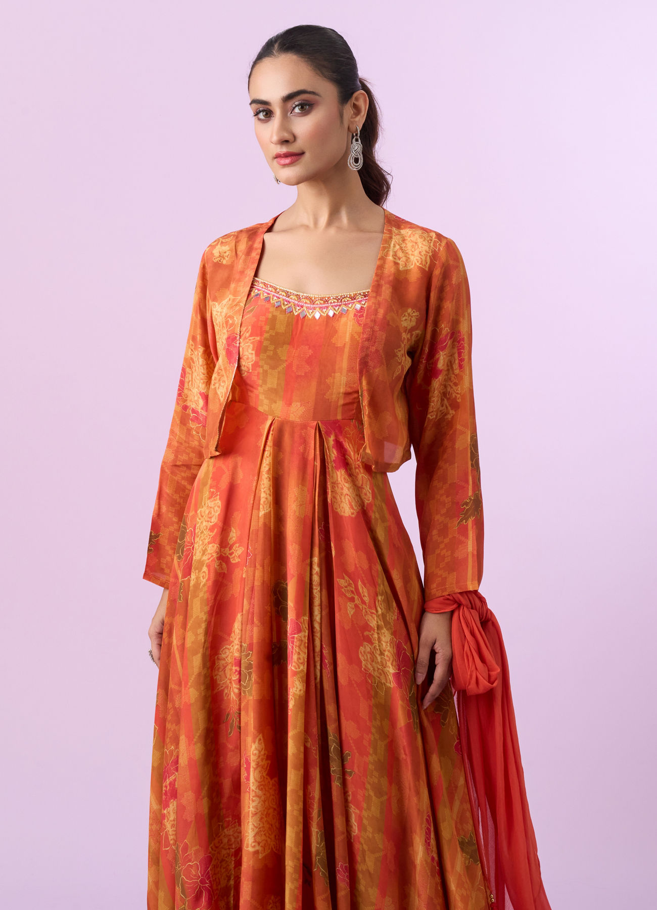 Mohey Women Orange Chinon Gown Jacket Dupatta Indo Western