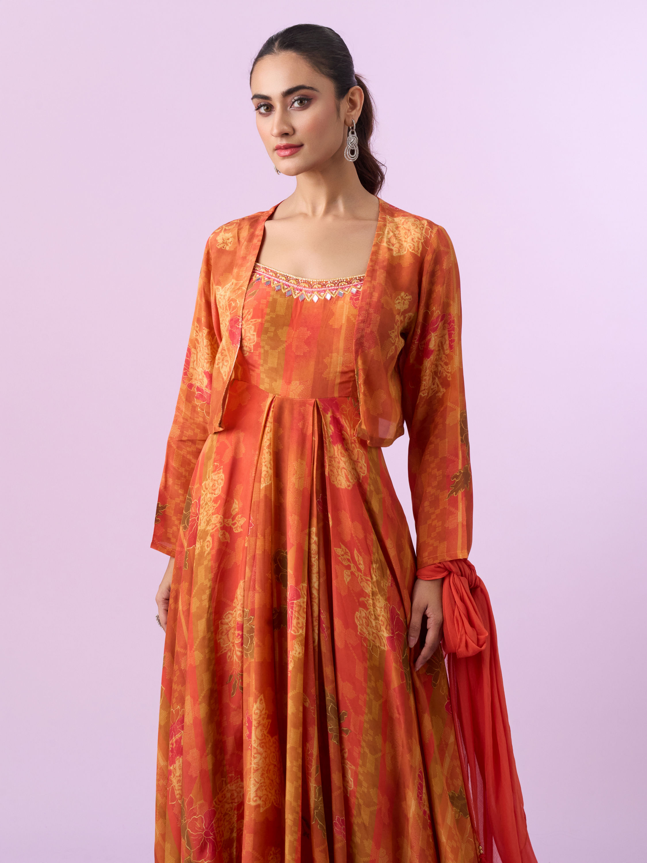 Mohey Women Orange Chinon Gown Jacket Dupatta Indo Western