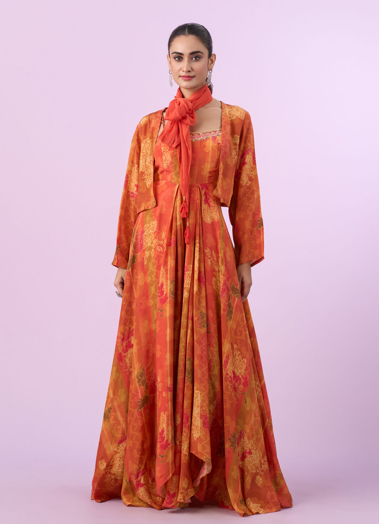 Mohey Women Orange Chinon Gown Jacket Dupatta Indo Western
