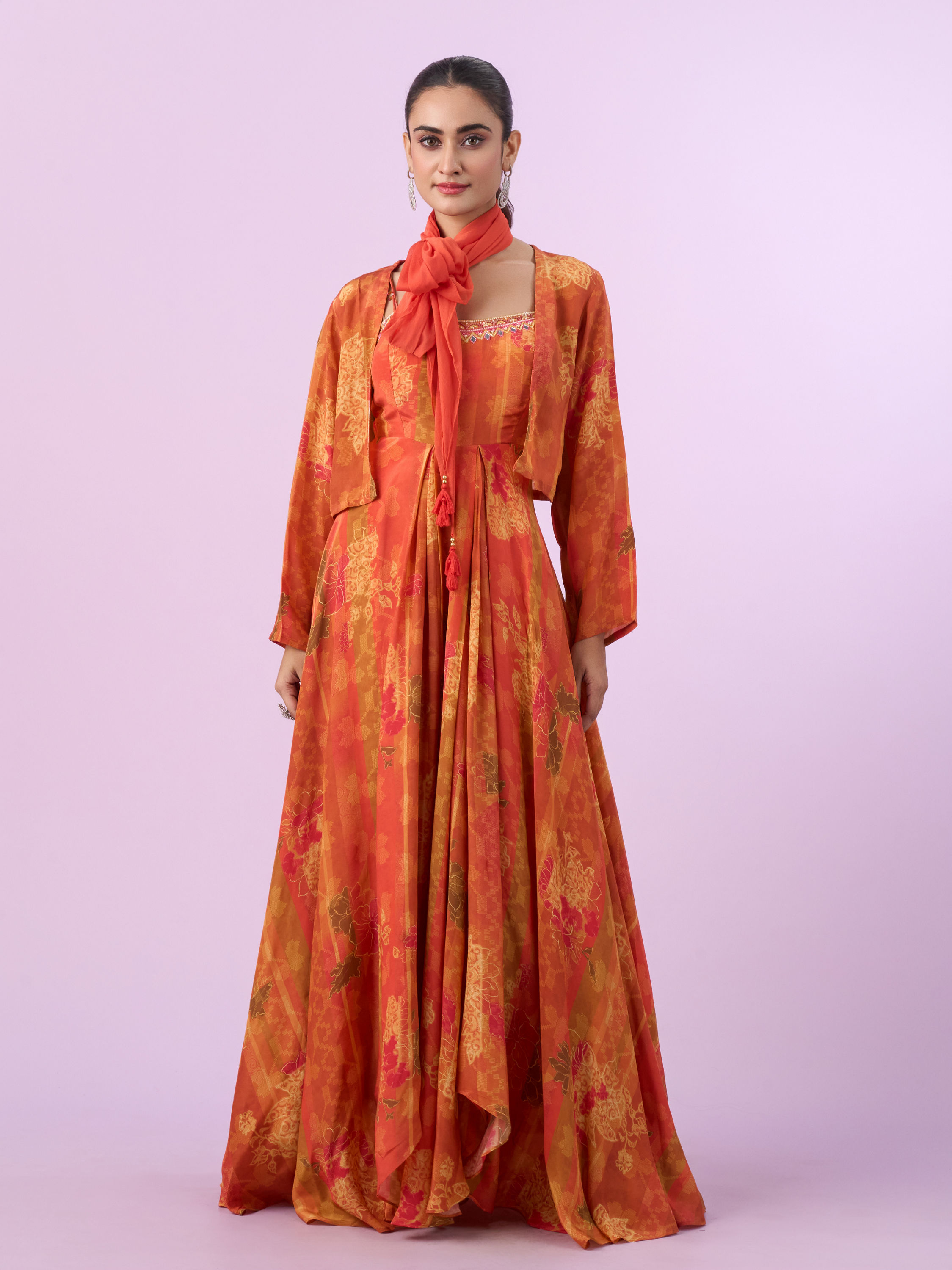 Mohey Women Orange Chinon Gown Jacket Dupatta Indo Western