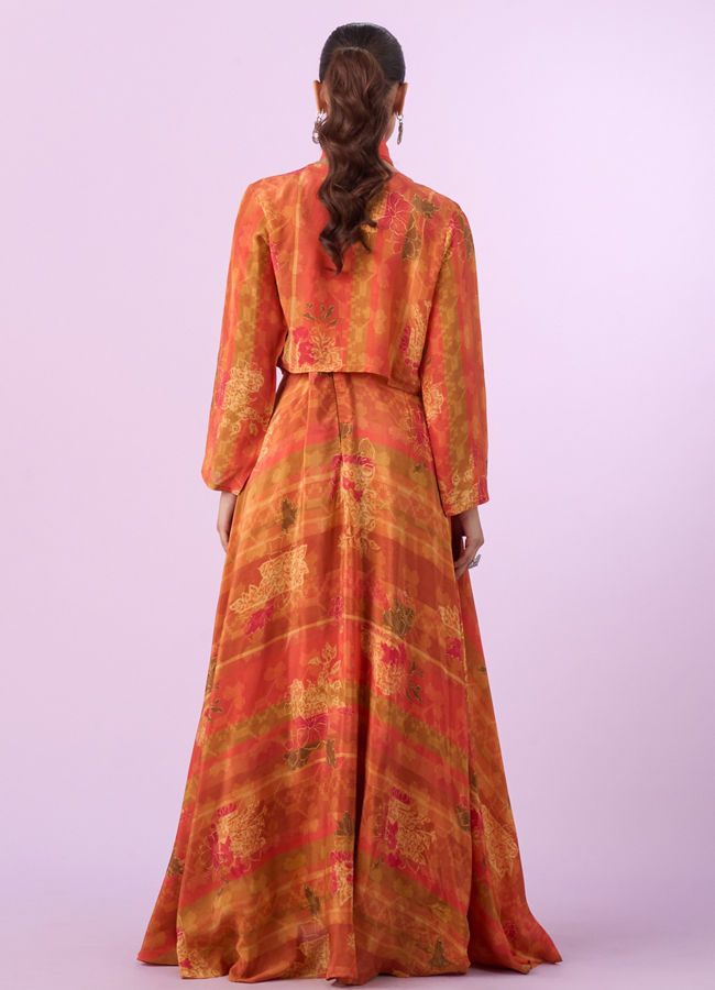 Mohey Women Orange Chinon Gown Jacket Dupatta Indo Western