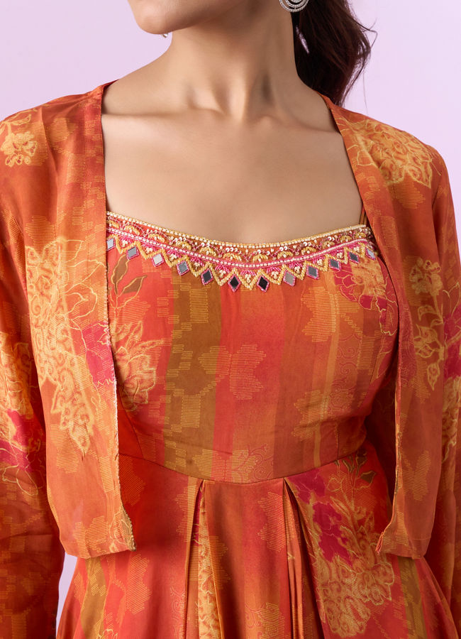 Mohey Women Orange Chinon Gown Jacket Dupatta Indo Western