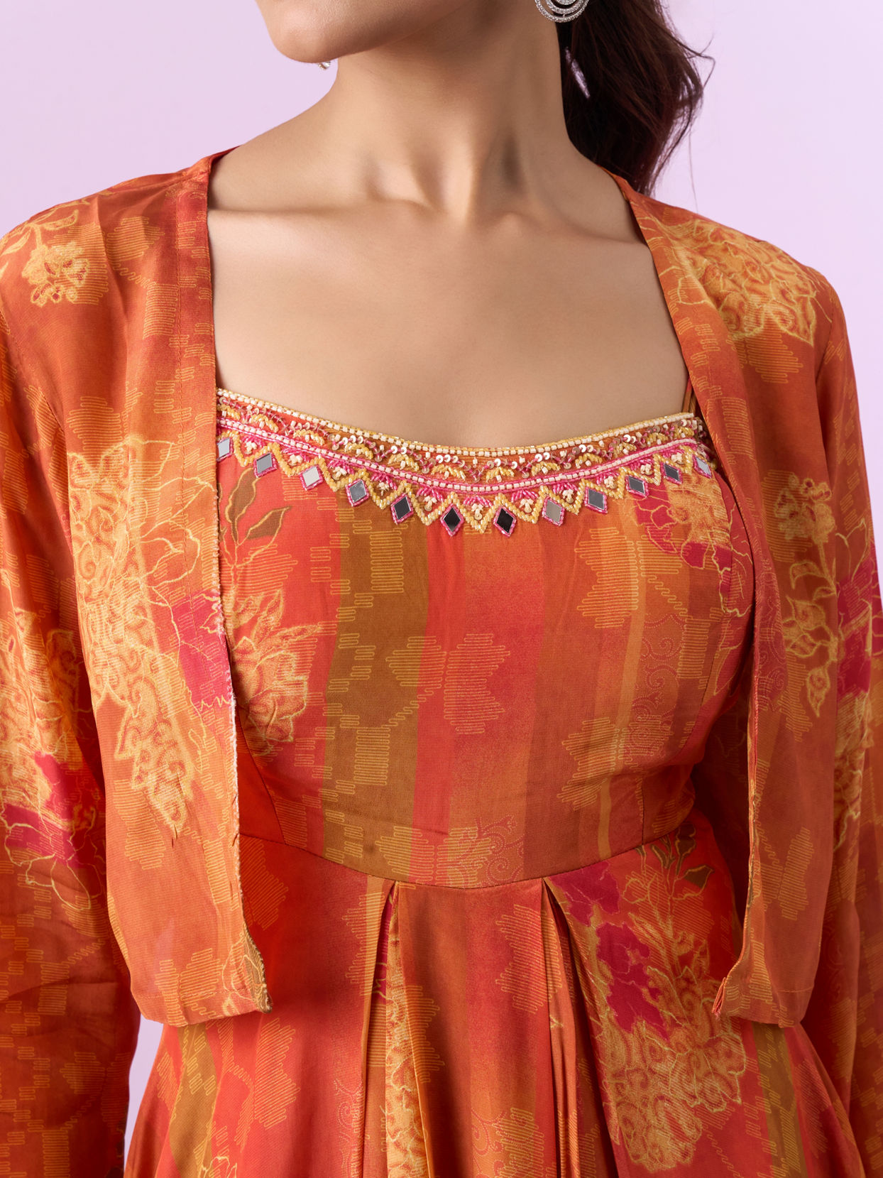 Mohey Women Orange Chinon Gown Jacket Dupatta Indo Western