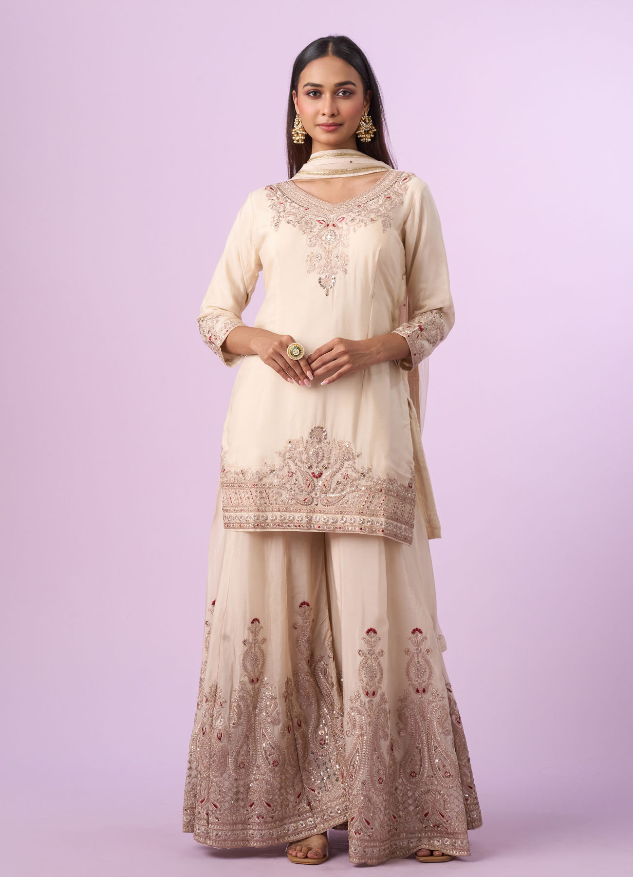 Mohey Women Vintage Allure Cream Palazzo Suit