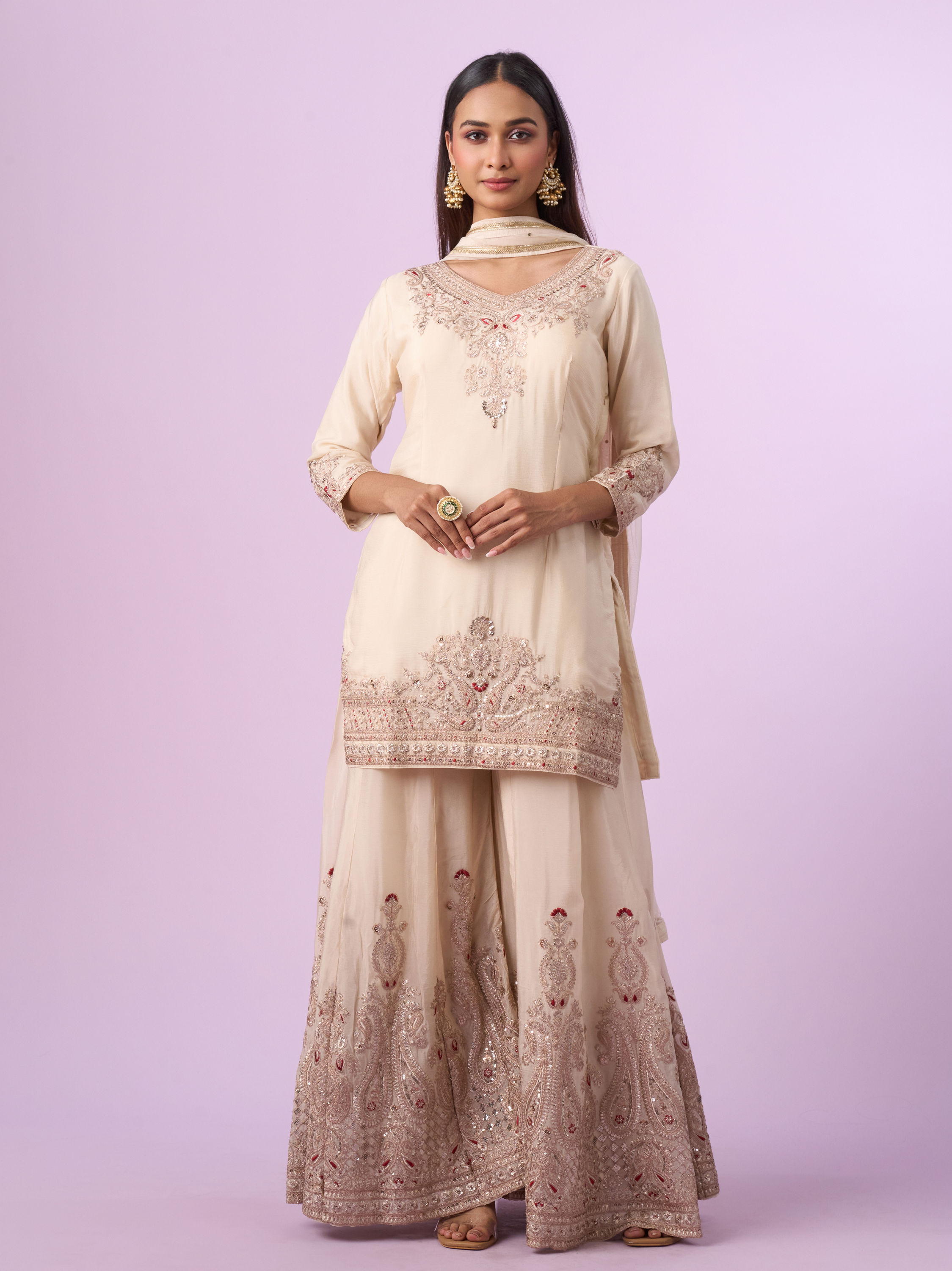 Mohey Women Vintage Allure Cream Palazzo Suit