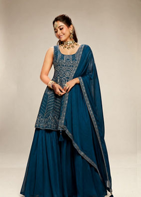 Mohey Women Blue Chinon Sharara Suit with Stone Work