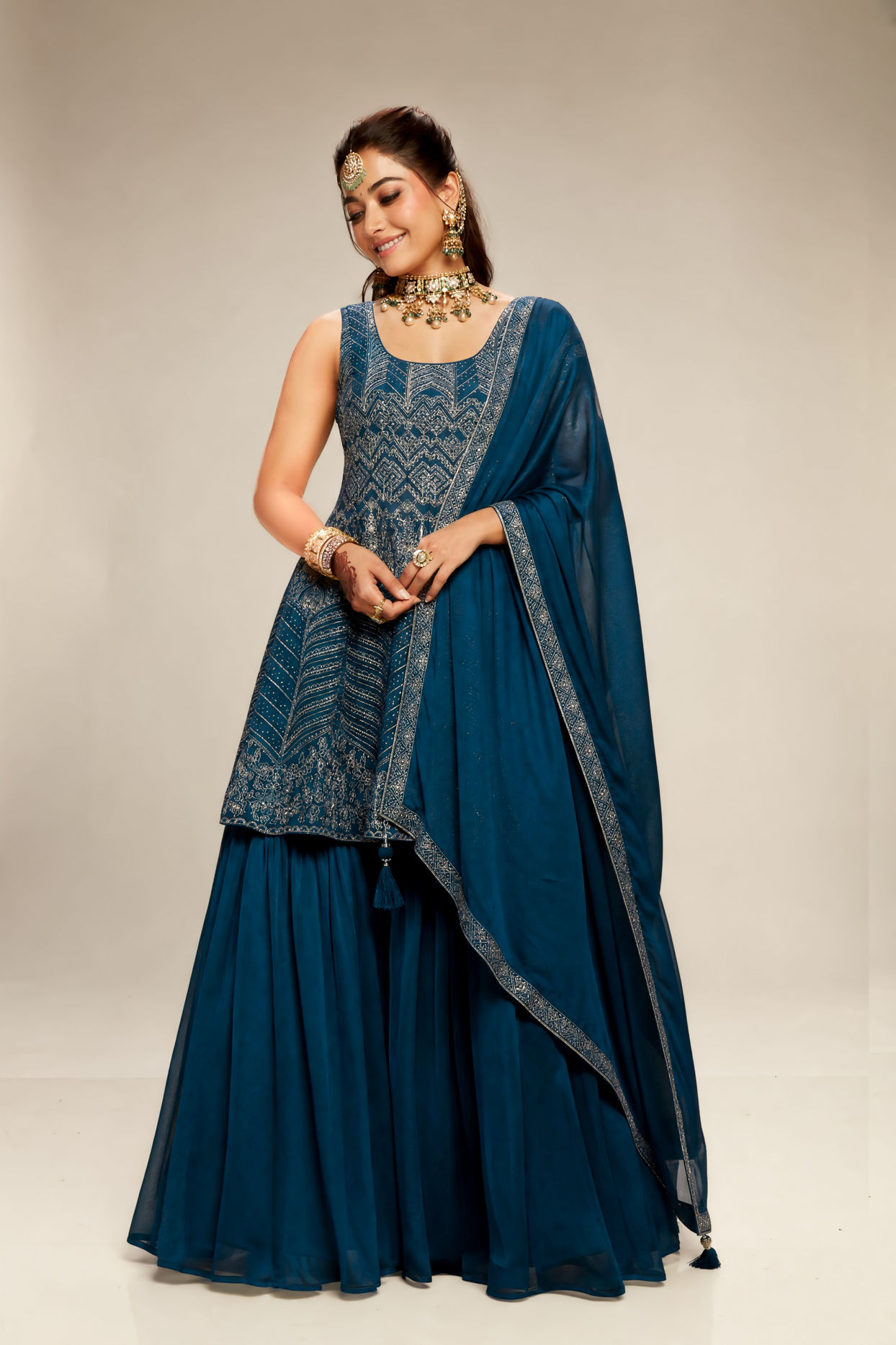 Mohey Women Blue Chinon Sharara Suit with Stone Work