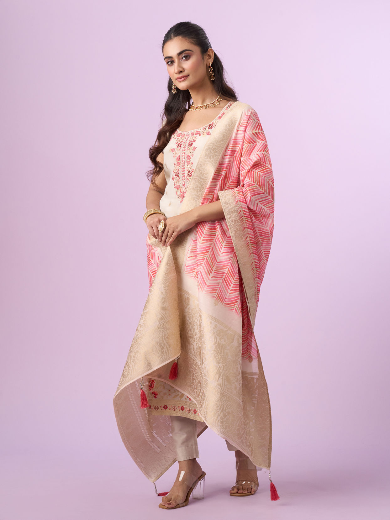 Mohey Women Cream Tissue Straight Suit