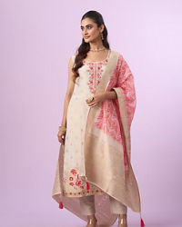 Mohey Women Cream Tissue Straight Suit